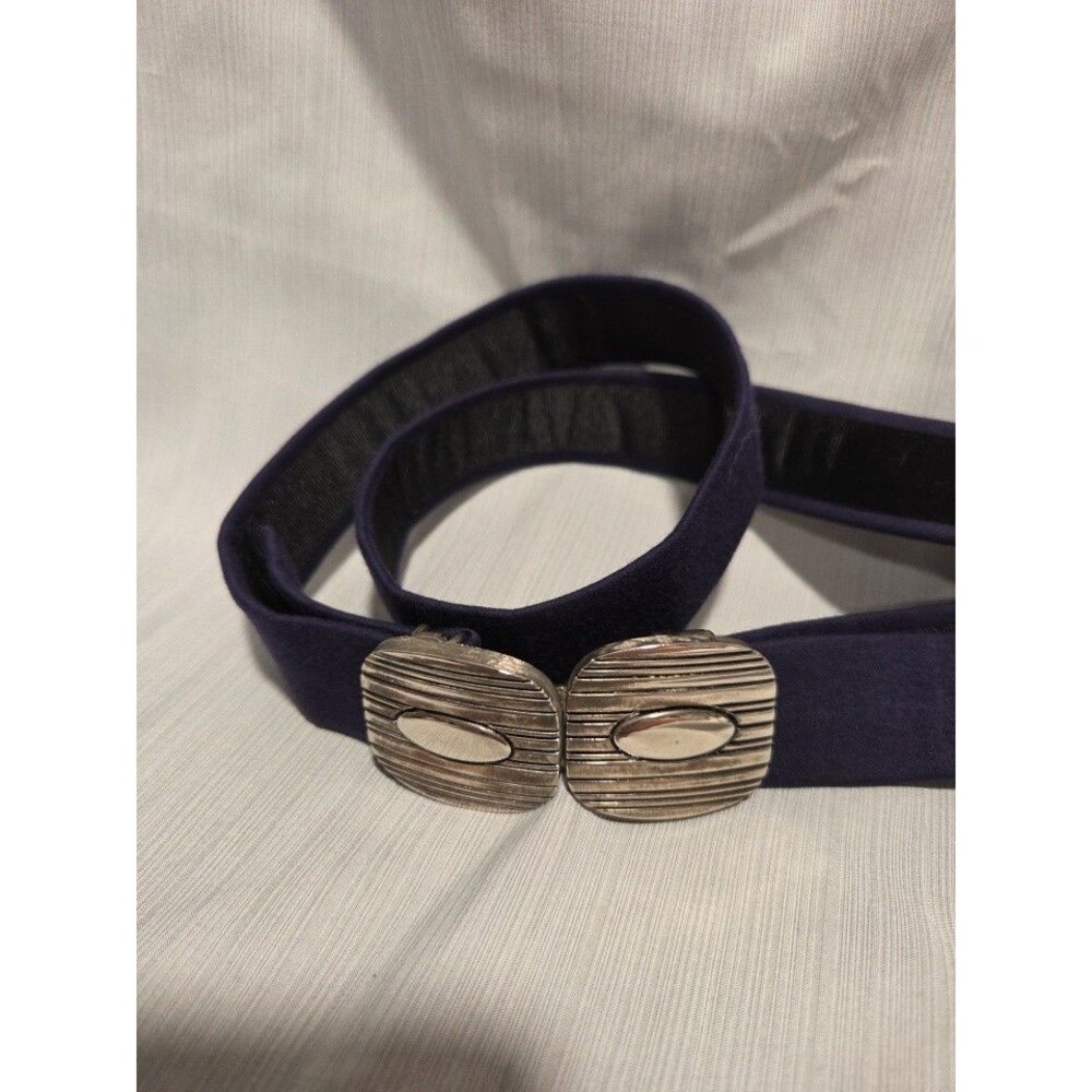 VTG Douglas Paquette silver Tone Interlocking Belt Buckle Navy Blue soft fabric